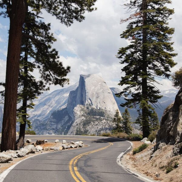 A winding road surrounded by tall trees leads to a view of Half Dome rock formation in Yosemite National Park under partly cloudy skies, perfect for those seeking unforgettable experiences on Yosemite camping tours.