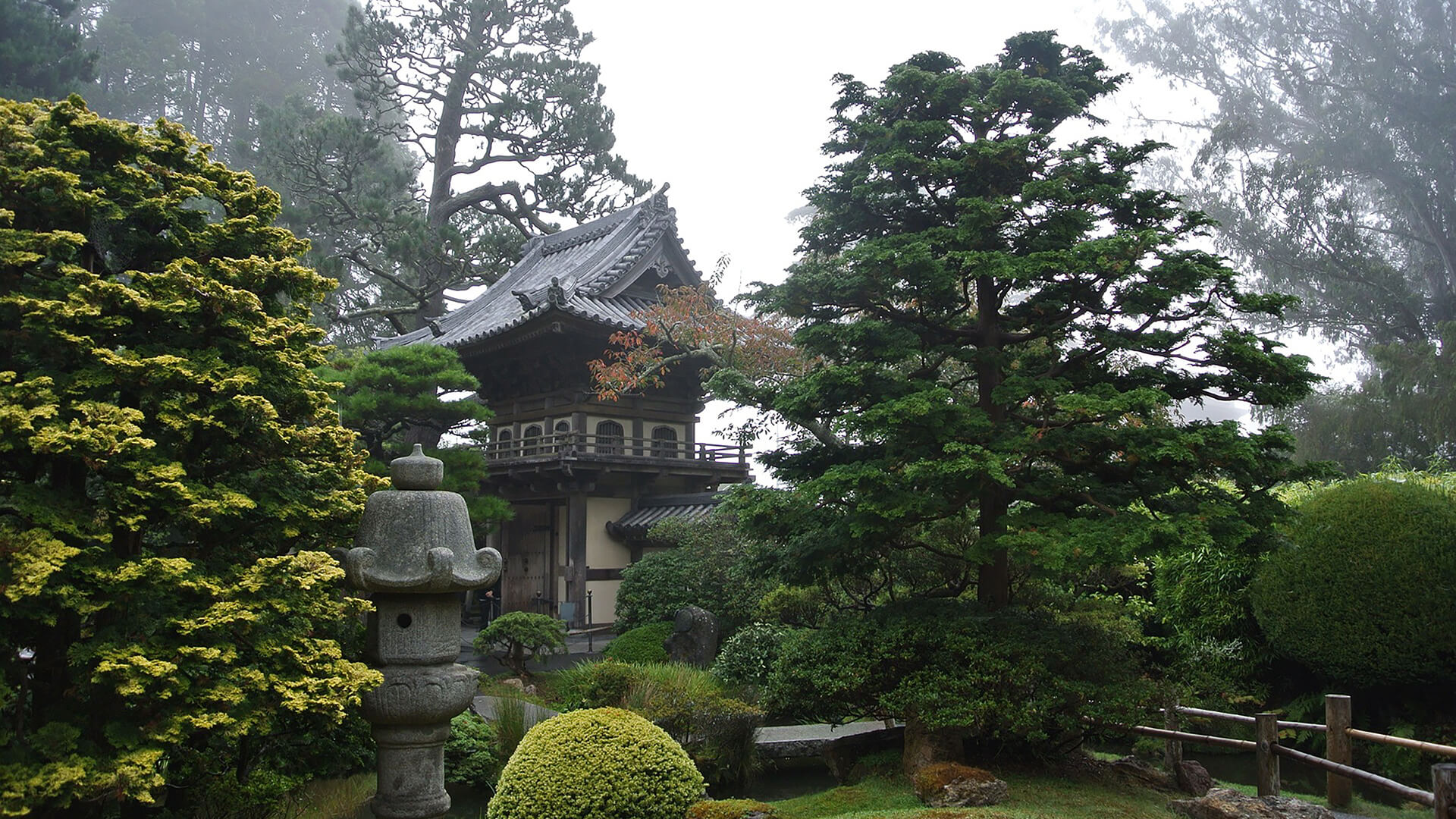 Japanese pagoda in a garden.